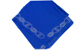 royal blue square hijab embellished with jewels along the edge in a geometric pattern