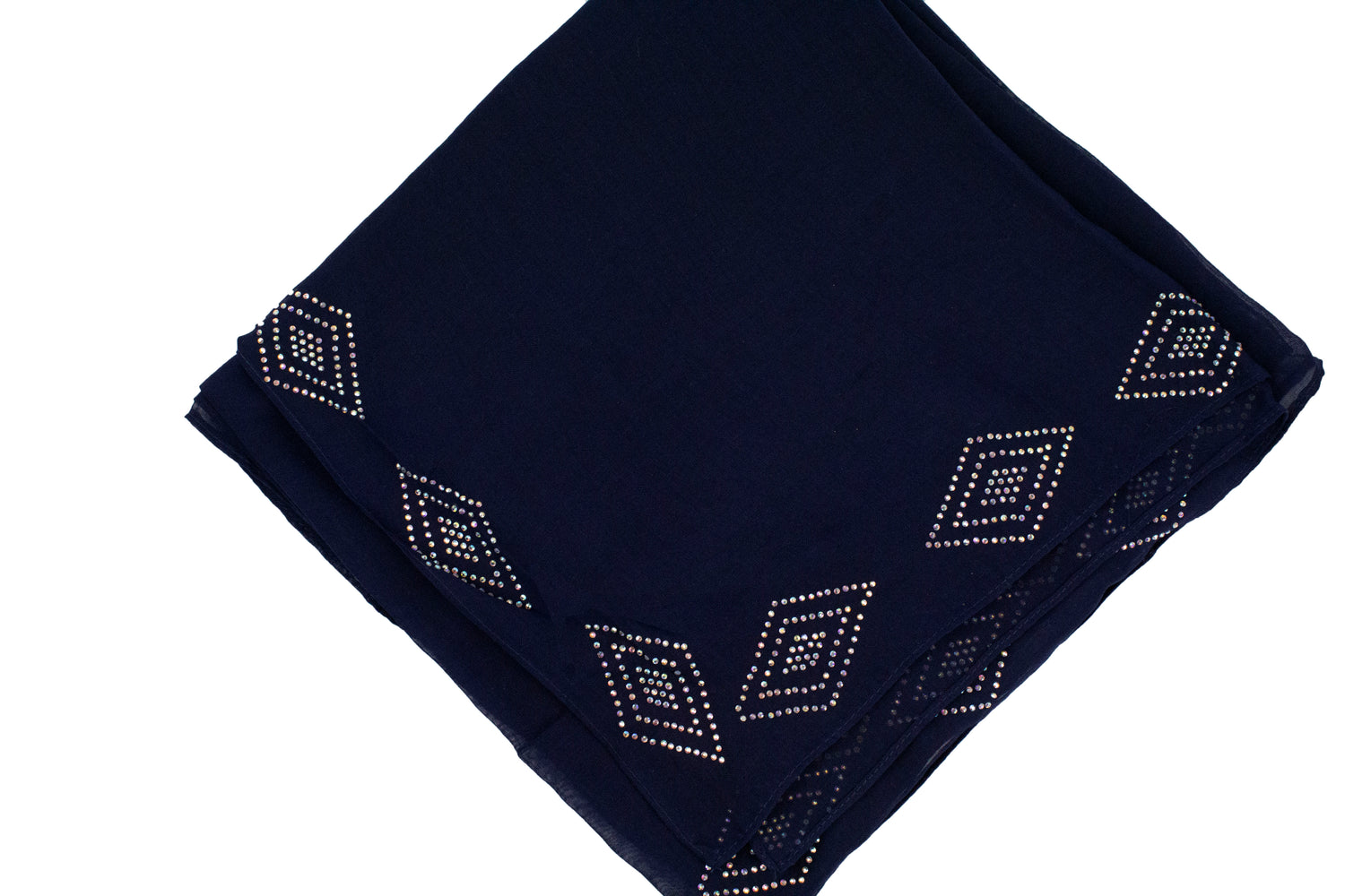 navy square hijab embellished with diamond shaped jewels at the trim 
