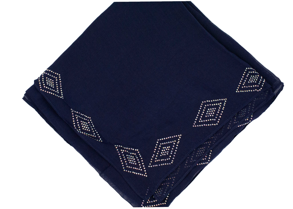 navy viscose square hijab with jewels in a diamond shape