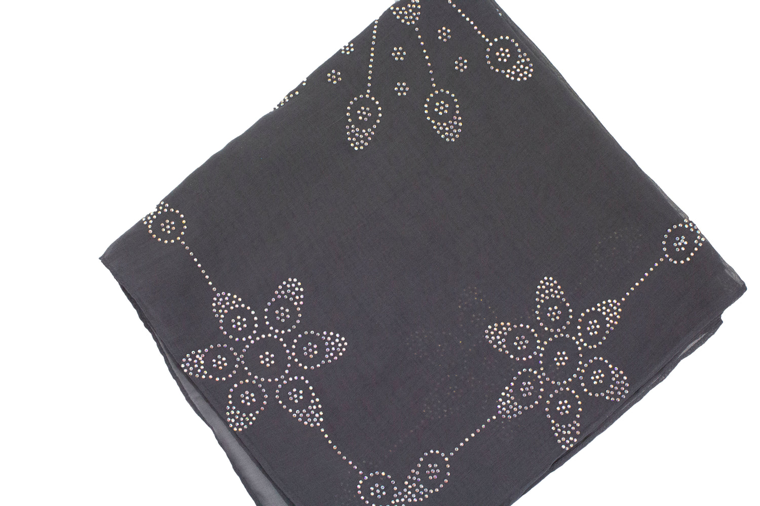 dark gray square hijab with jewels in a floral pattern