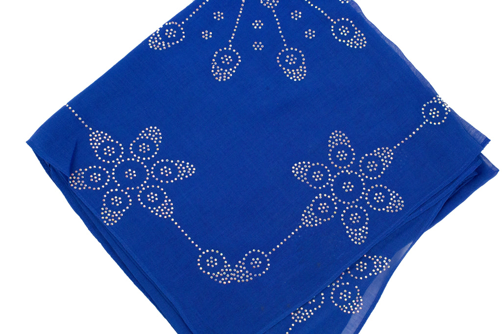 royal blue square hijab embellished with jewels in a floral pattern