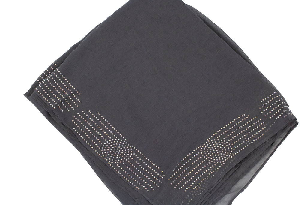 dark gray square hijab with jewels along the trim