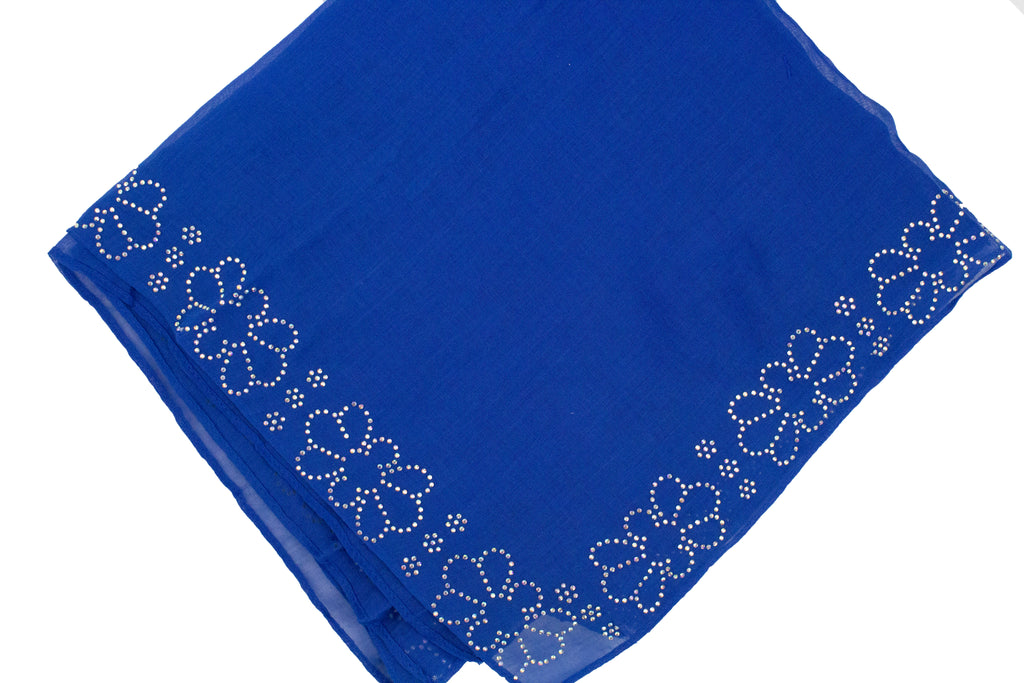 royal blue square hijab embellished with jewels along the edge in a floral pattern