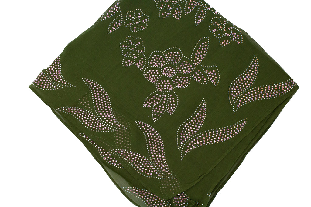 olive square hijab with pink jewels in a floral pattern