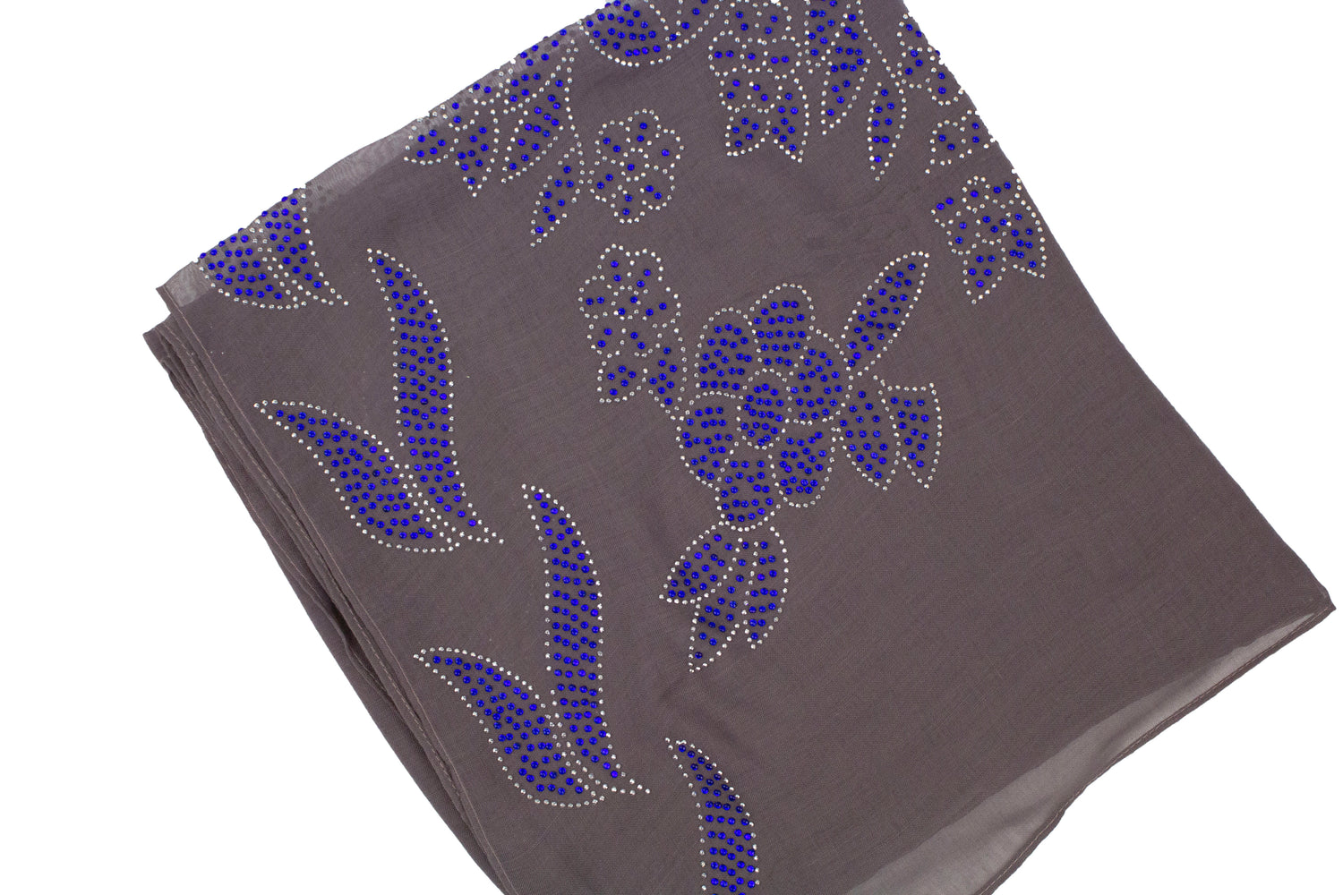 gray square hijab embellished with blue jewels in a floral pattern