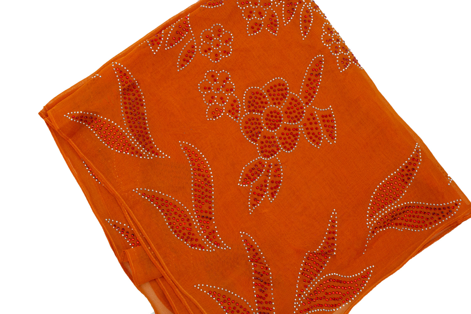 orange square hijab with red jewels in a floral pattern