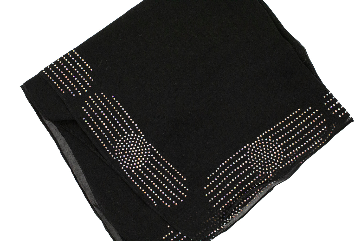 black square hijab embellished with jewels in a circle pattern on the edges