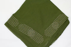 olive viscose square hijab with jewels on the trim