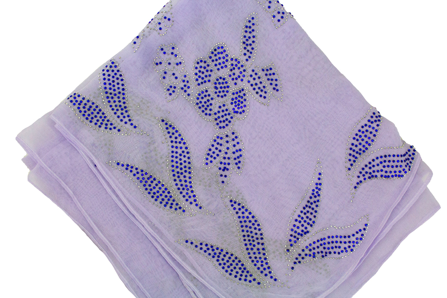 lavender square hijab with blue jewels in a floral pattern