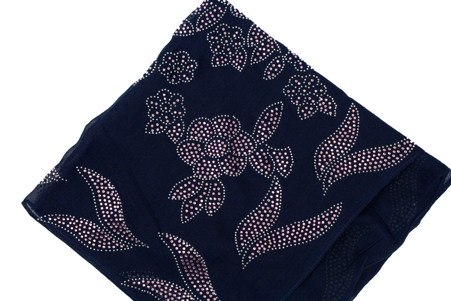 navy square hijab with pink jewels in a floral pattern