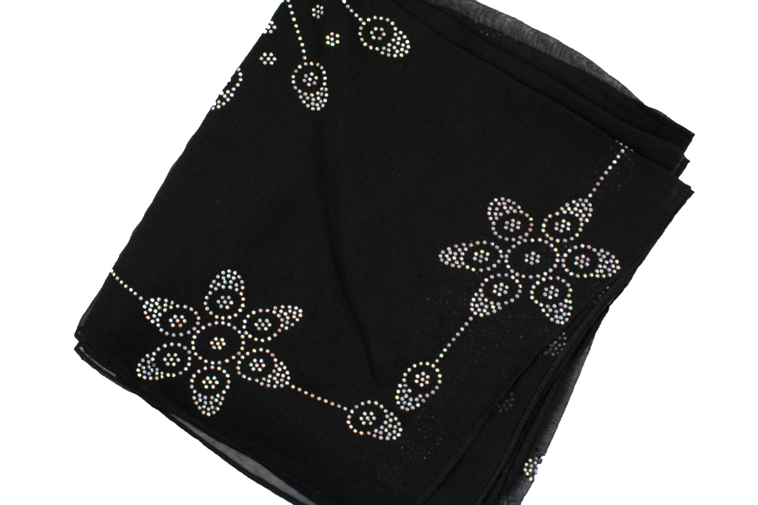 black square hijab embellished with jewels in a floral and geometric pattern