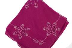 magenta square hijab with jewels in a floral pattern