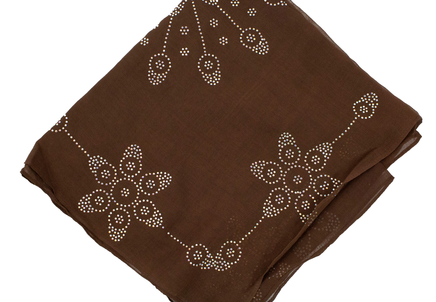 brown square hijab with jewels in a floral pattern