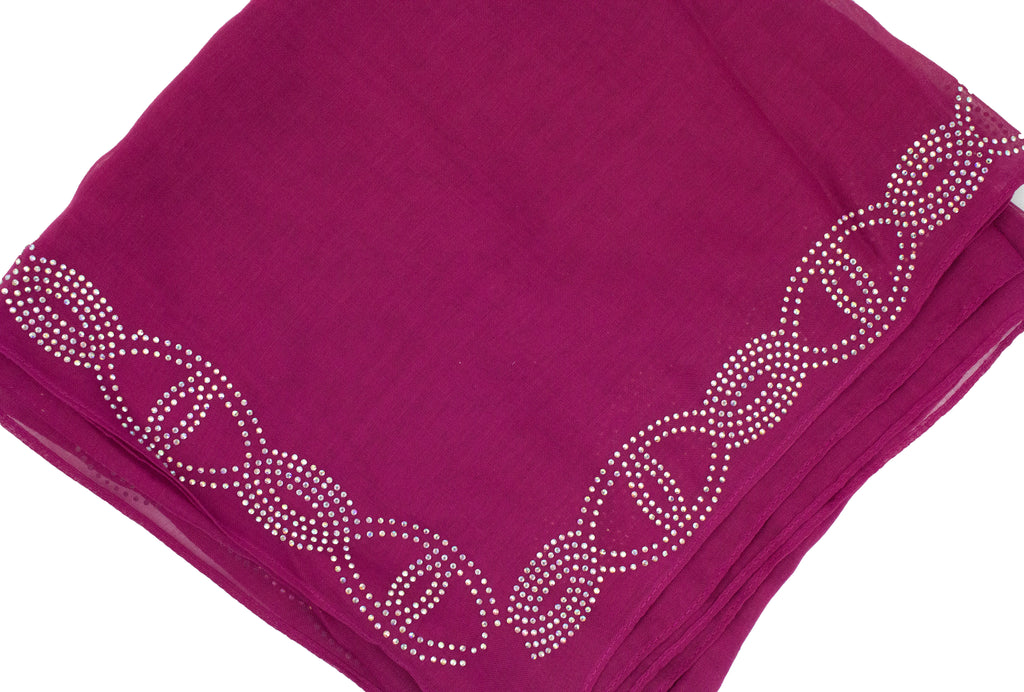 magenta square hijab with jewels along the trim