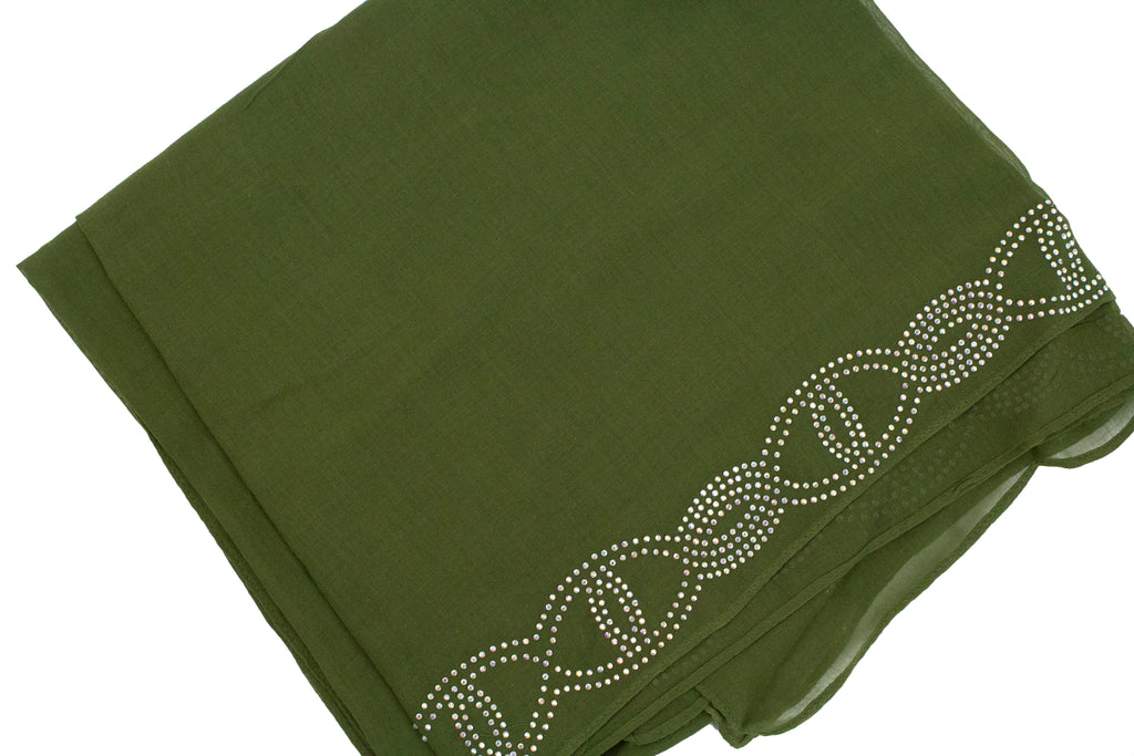 olive square hijab with jewels along the trim 