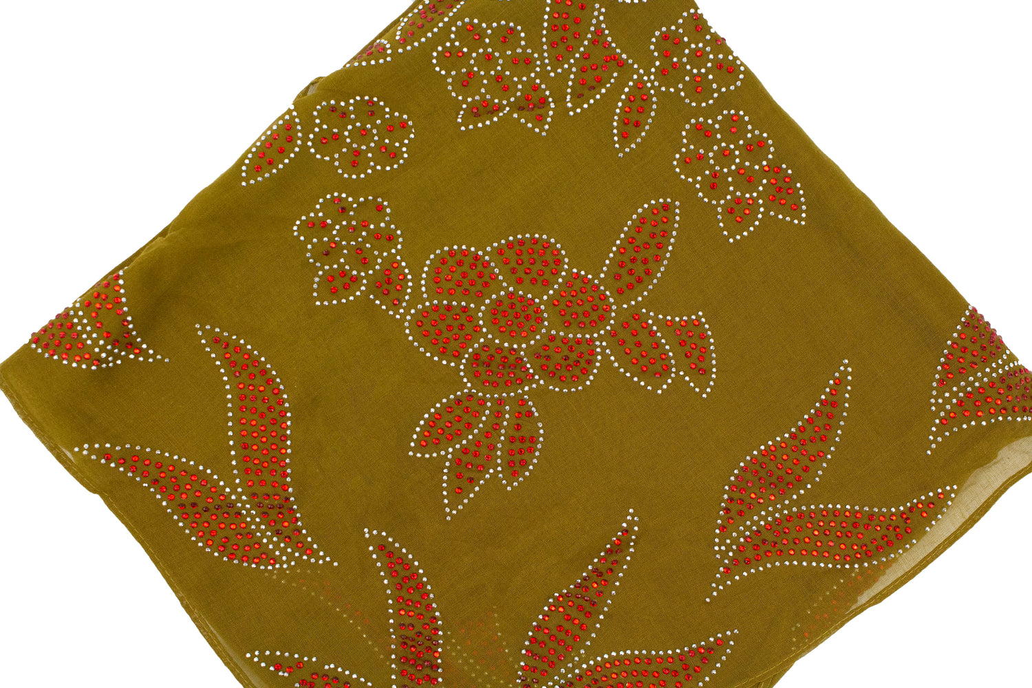 olive square hijab with red jewels in a floral pattern