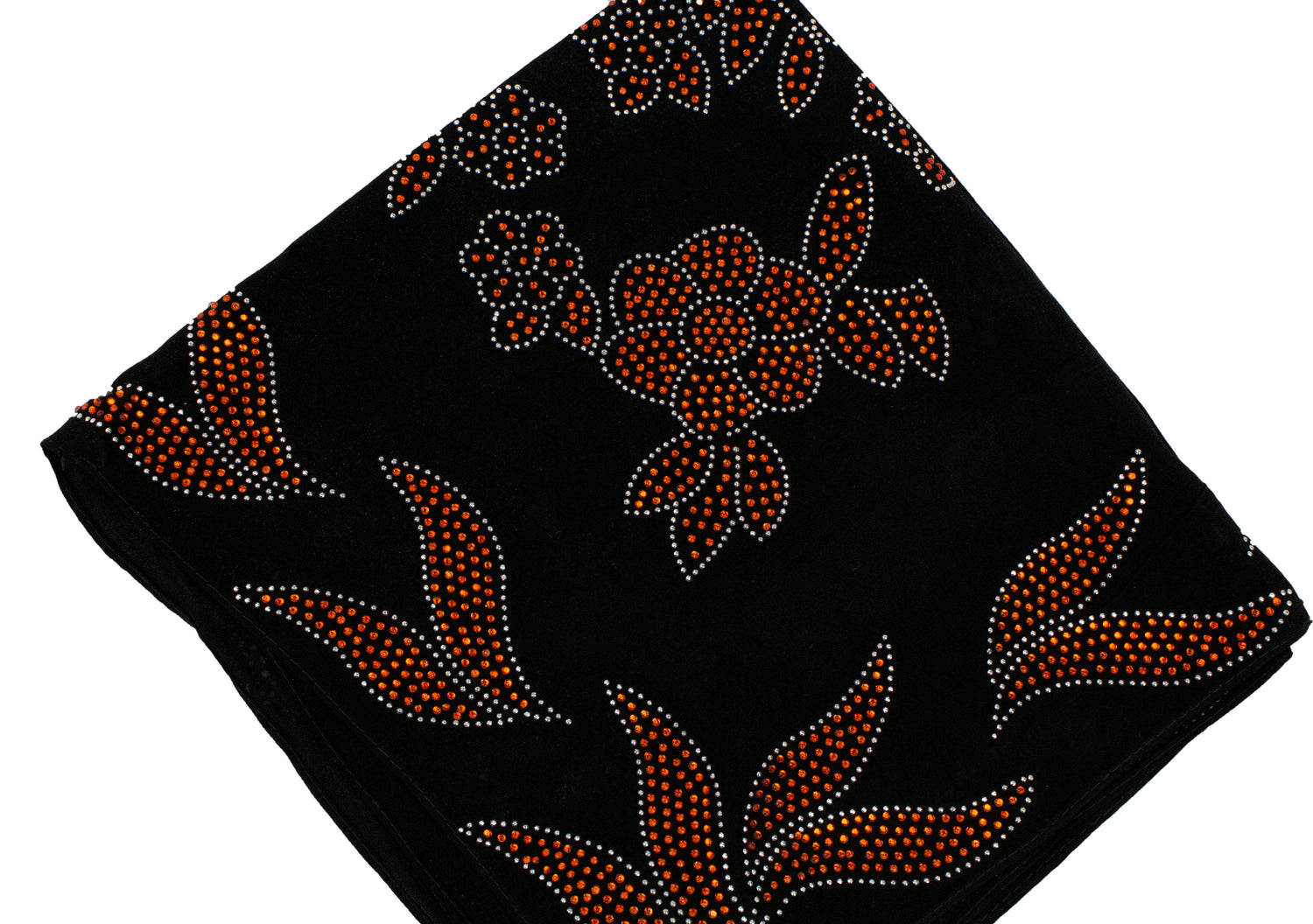 black square hijab with orange and silver jewels in a floral pattern