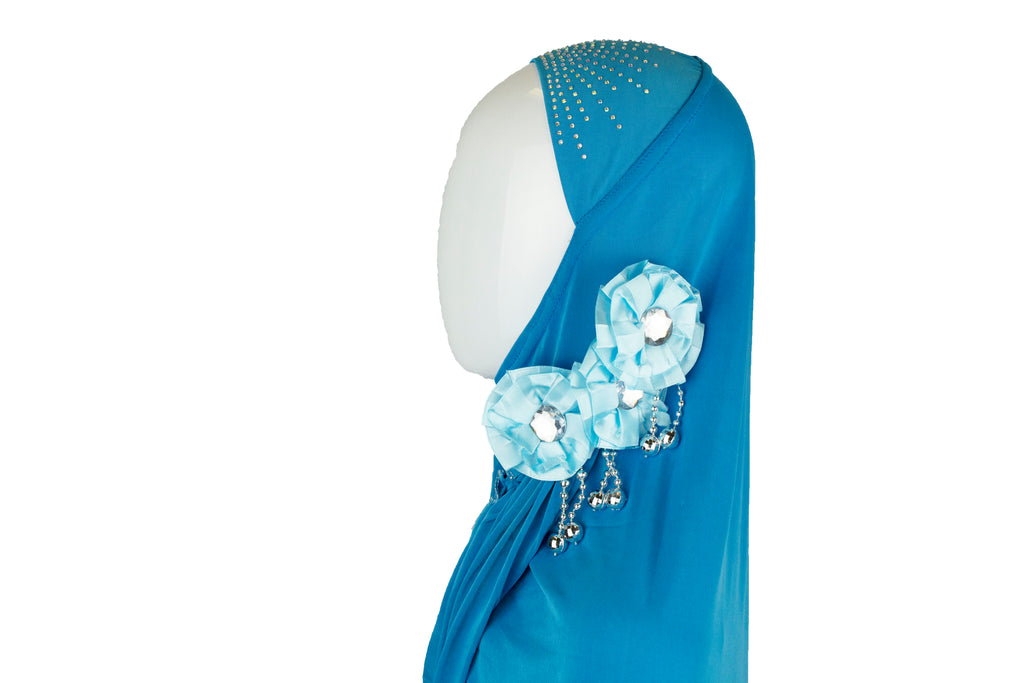 light blue slip on hijab with jewels florals and beads