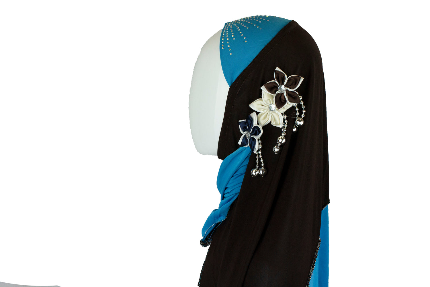 light blue and brown slip on hijab with jewels florals and beads