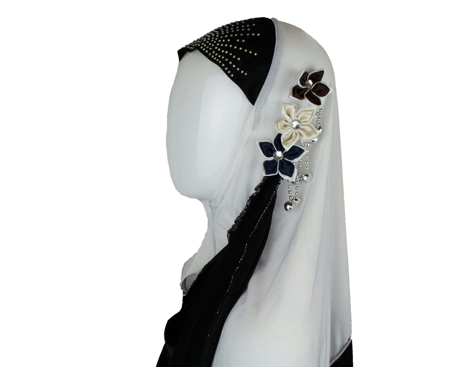 black and white slip on one piece girls hijab embellished with jewels and floral embroidery applique