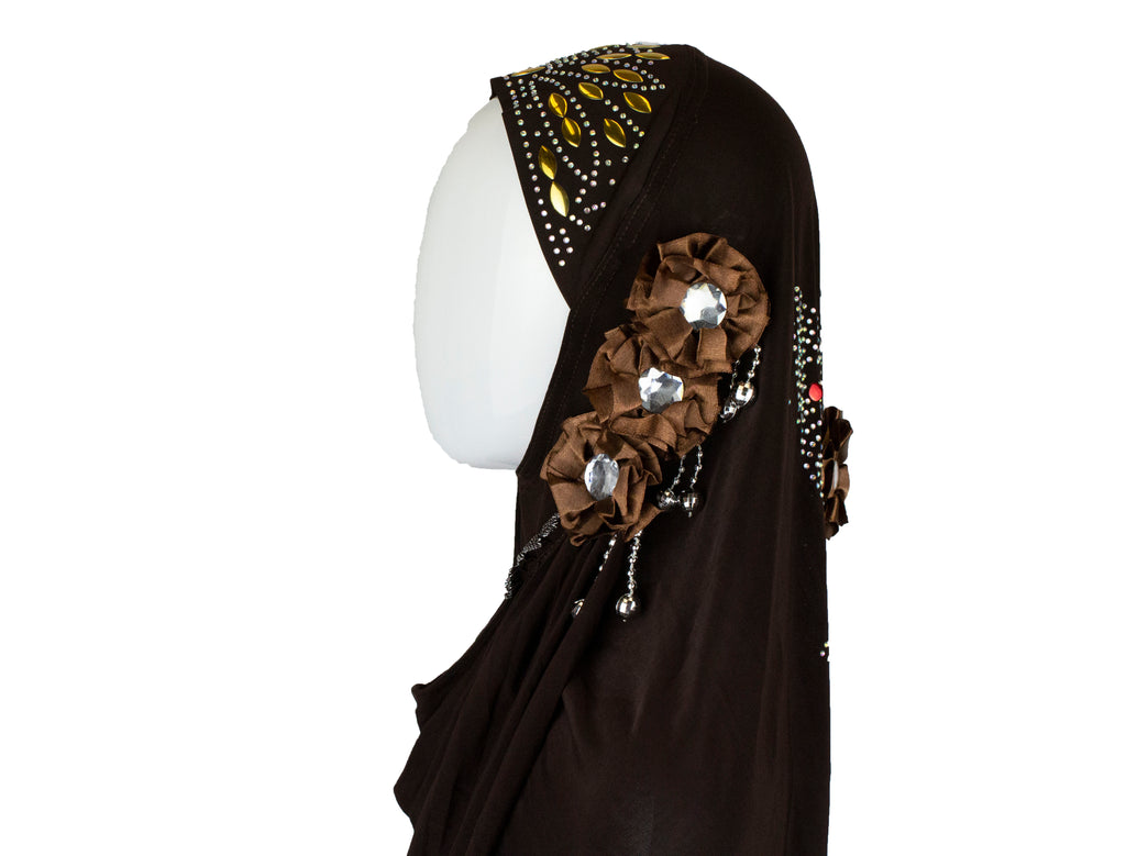 brown slip on hijab embellished with jewels, beads, and florals.