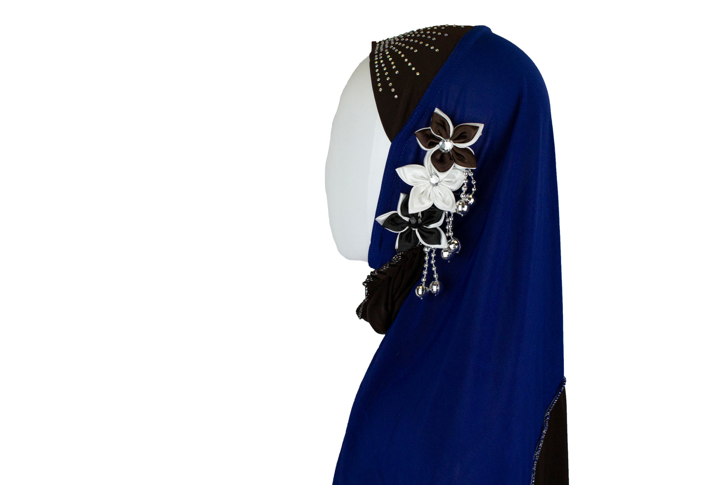 royal blue and brown slip on hijab with jewels florals and beads