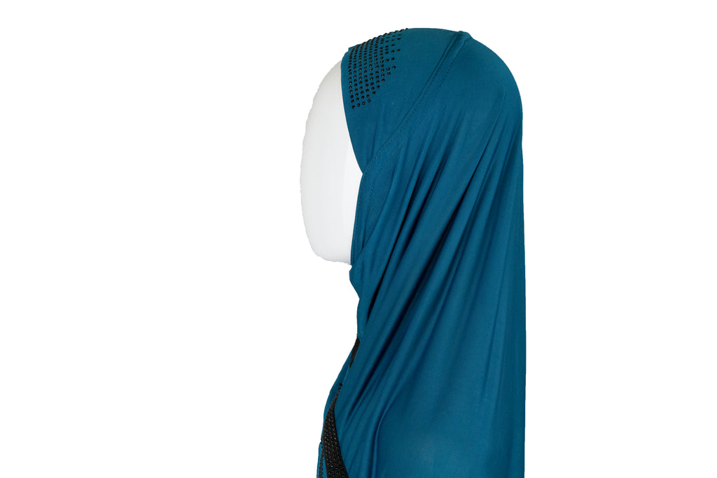 teal blue slip on hijab with jewels on the top