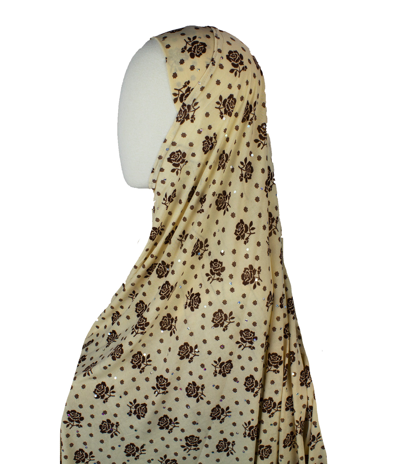 tan and brown rose print  slip on jersey lycra khimar hijab that covers the chest and covers the bosom