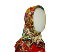 orange and creme satin square hijab with paisley print