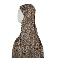 brown and tan paisley print  slip on jersey lycra khimar hijab that covers the chest and covers the bosom