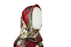 maroon satin square hijab with paisley print