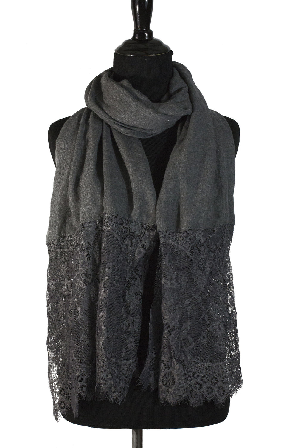 dark gray premium viscose hijab with lace ends and lace trim