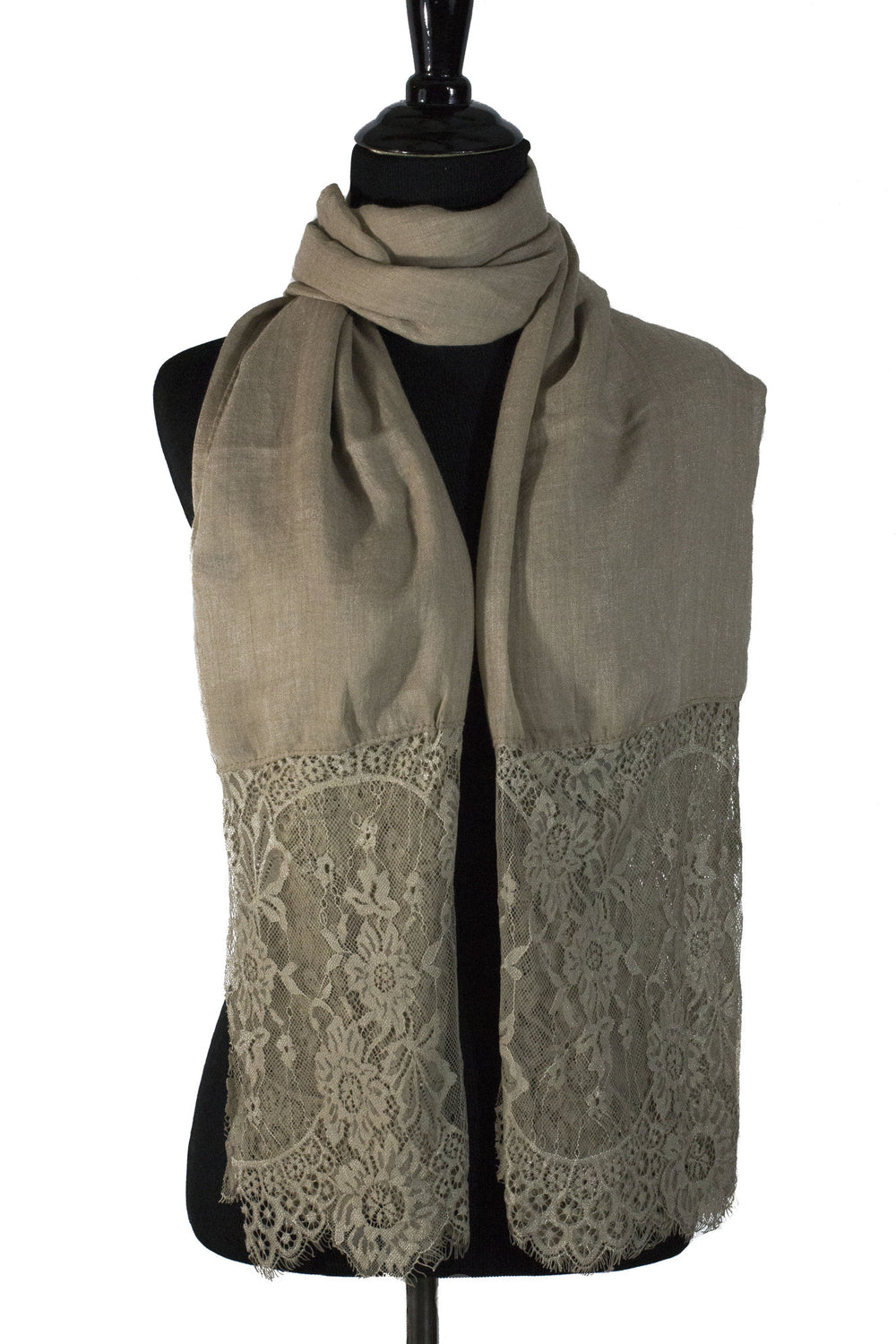 tan brown premium viscose hijab with lace ends and lace trim