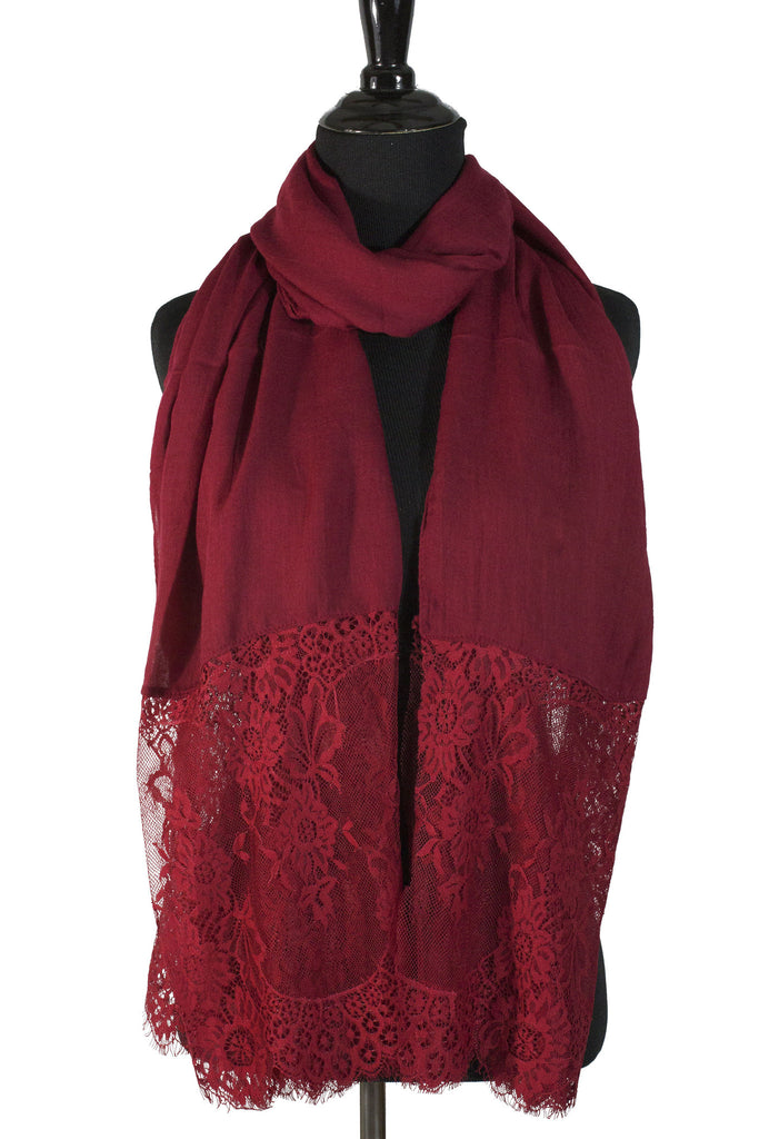 dark red premium viscose hijab with lace ends and lace trim