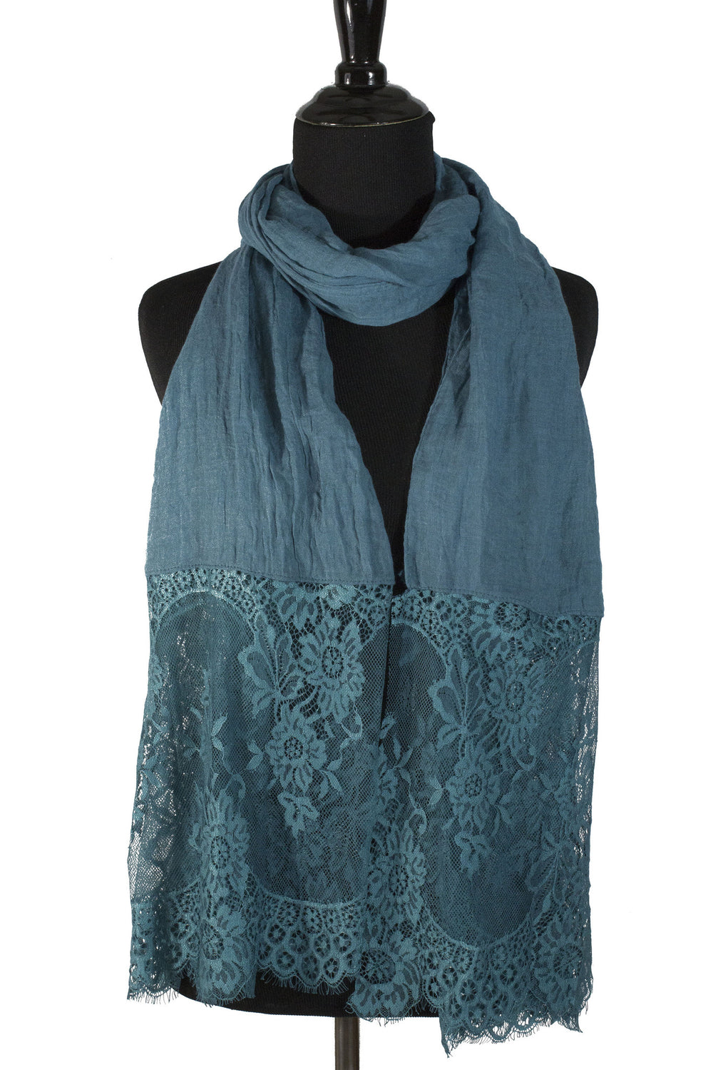teal blue premium viscose hijab with lace ends and lace trim