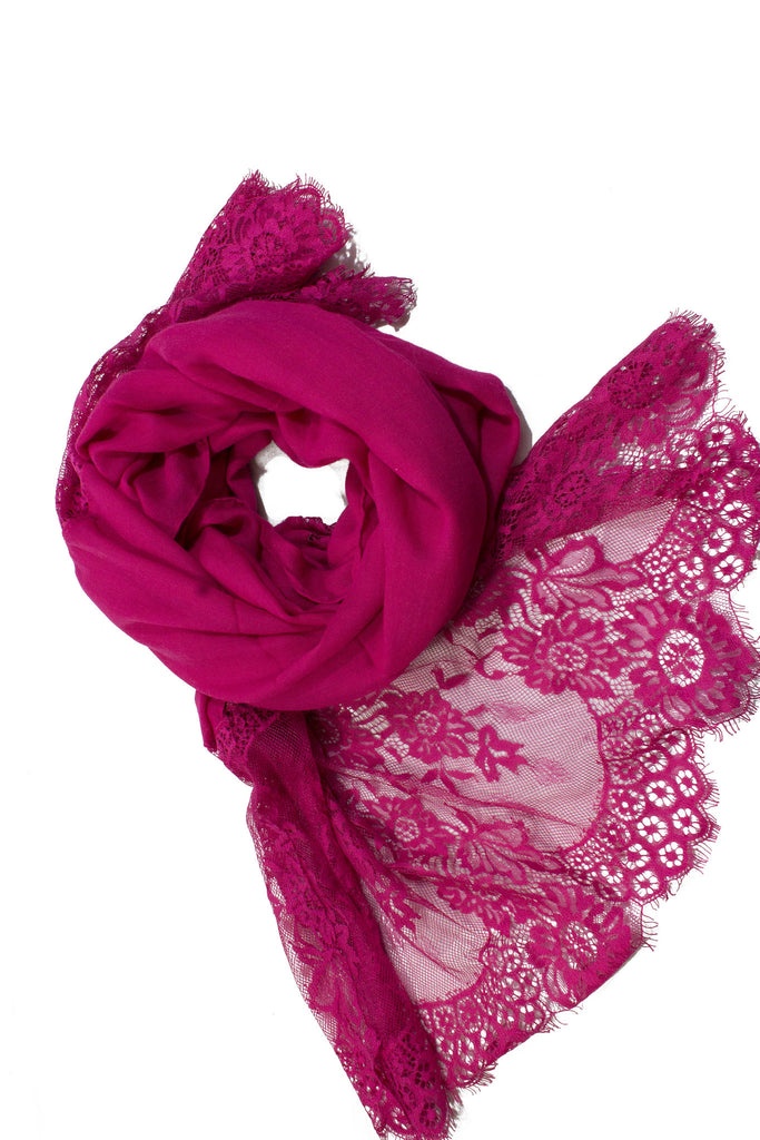 hot pink premium viscose hijab with lace ends and lace trim