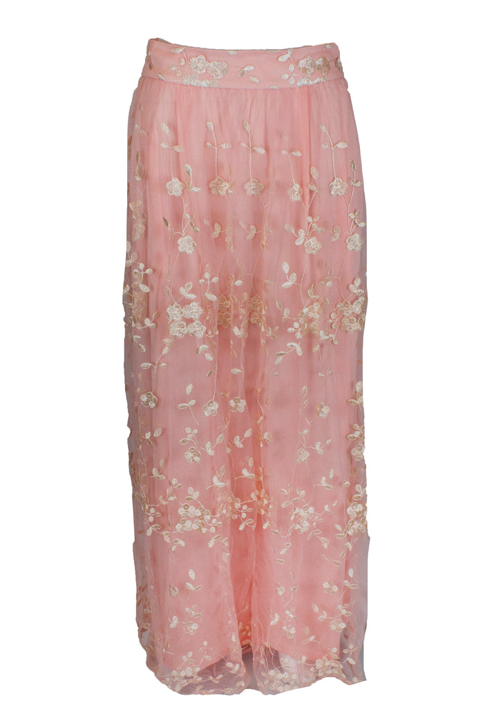 High-Waisted Lace Embroidered Maxi Skirt - Pink