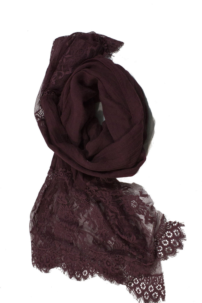 burgundy maroon premium viscose hijab with lace ends and lace trim