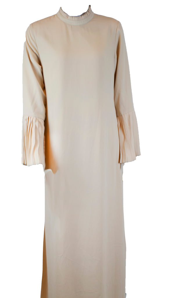 long sleeve maxi dress with a pleated collar and pleated bell sleeves