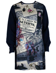 navy blue high low top with long sleeves and newspaper print design