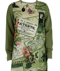 Mixed print with a solid back and solid colored sleeves in light olive green