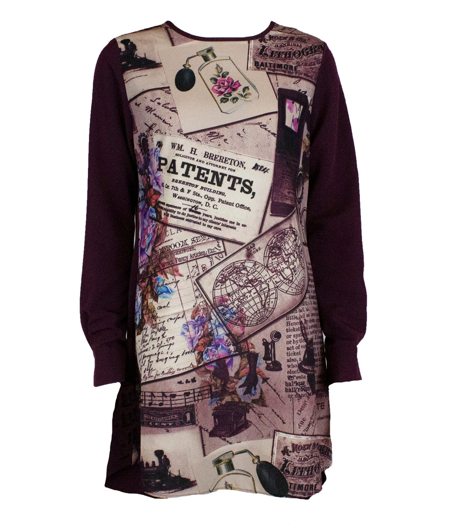 Mixed printed top with a solid back and solid colored sleeves in burgundy