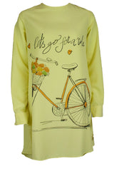 Long sleeved blouse in yellow with printed bike and "let's go for a ride"