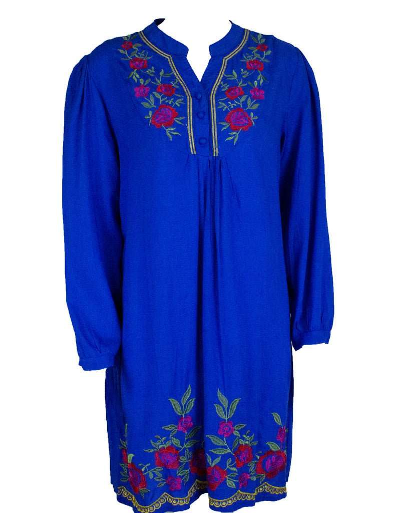 royal blue long sleeve blouse with floral embroidery 