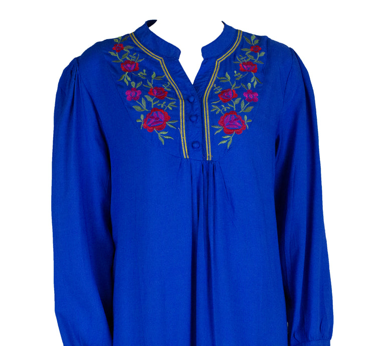 royal blue long sleeve blouse with floral embroidery 