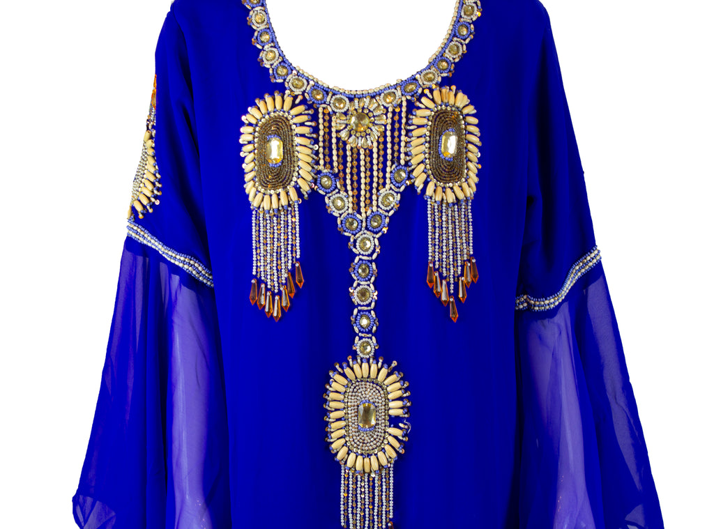 royal blue long sleeve beaded kaftan with jewels
