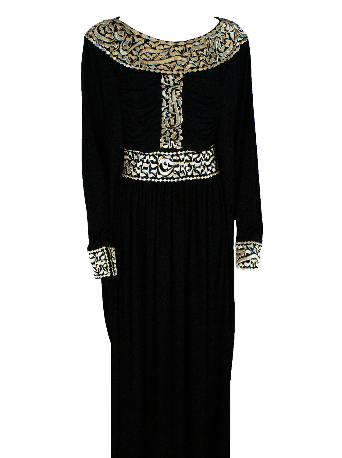 All black abaya embroidered with gold Arabic calligraphy along the neckline, waistline, sleeves, and down the chest.