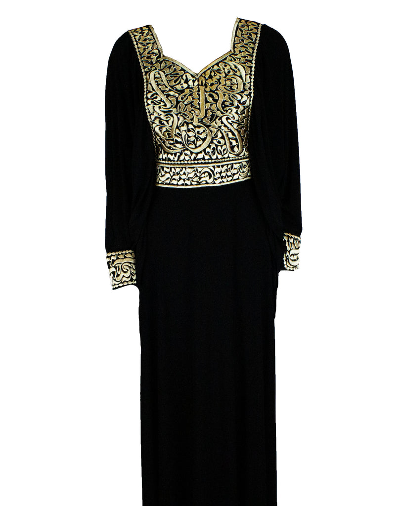All black abaya embroidered with gold Arabic calligraphy along the neckline, waistline, sleeves, and down the chest.