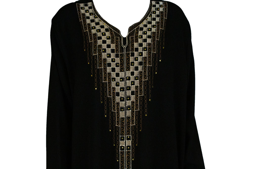 black abaya made in kuwait embellished with brown and tan embroidery and jewels