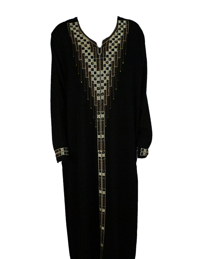 black abaya made in kuwait embellished with brown and tan embroidery and jewels